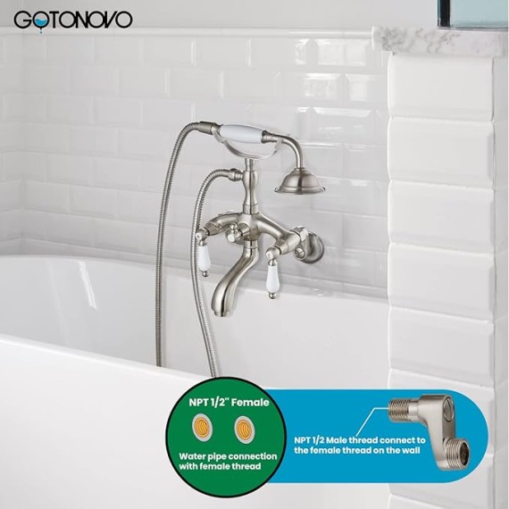 Brushed Nickel Clawfoot Tub Faucet Wall Mount with Hand Held Shower Sprayer Bathtub Faucet Set Double Level Handle 6 Inch Center with Adapter Adjustable Swing Arms