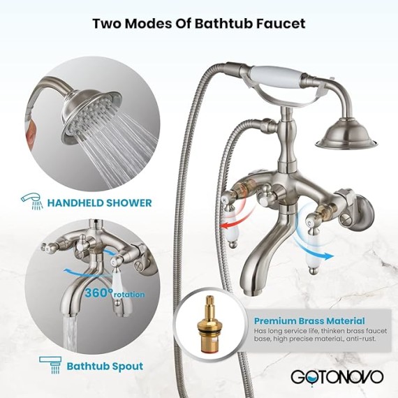 Brushed Nickel Clawfoot Tub Faucet Wall Mount with Hand Held Shower Sprayer Bathtub Faucet Set Double Level Handle 6 Inch Center with Adapter Adjustable Swing Arms