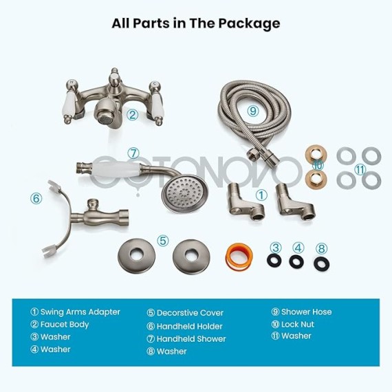 Brushed Nickel Clawfoot Tub Faucet Wall Mount with Hand Held Shower Sprayer Bathtub Faucet Set Double Level Handle 6 Inch Center with Adapter Adjustable Swing Arms