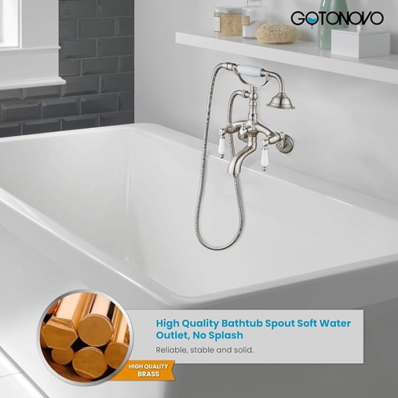 Brushed Nickel Clawfoot Tub Faucet Wall Mount with Hand Held Shower Sprayer Bathtub Faucet Set Double Level Handle 6 Inch Center with Adapter Adjustable Swing Arms
