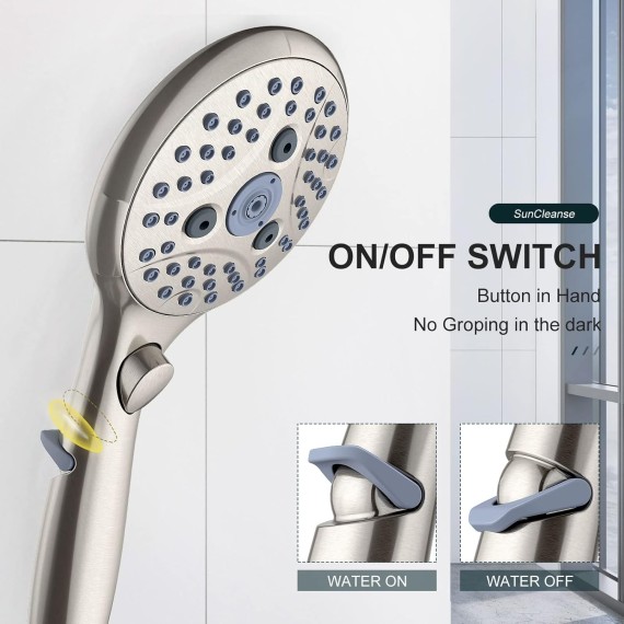 Shower Head, 7 Settings Hand held Shower with ON/OFF Pause Switch, Brushed Nickel High Pressure Shower Head with 71 inch Hose
