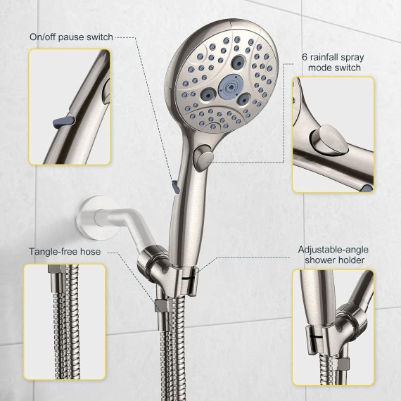 Shower Head, 7 Settings Hand held Shower with ON/OFF Pause Switch, Brushed Nickel High Pressure Shower Head with 71 inch Hose