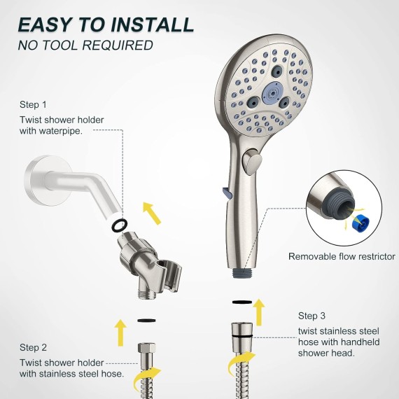 Shower Head, 7 Settings Hand held Shower with ON/OFF Pause Switch, Brushed Nickel High Pressure Shower Head with 71 inch Hose