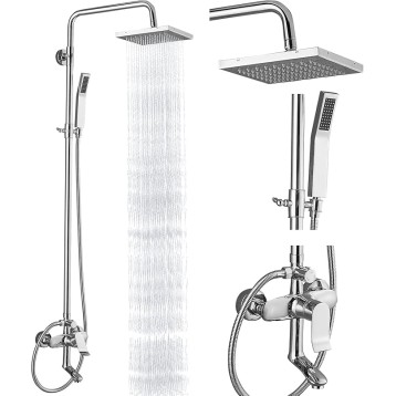 Exposed Shower System Polish Chrome 3 Functions Bathroom Shower Faucet Set 8 Inch Square Rainfall Shower Head Wall Mount Exposed Shower Faucet Set 8 Rain Exposed Pipe Shower