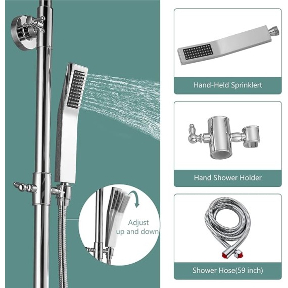 Exposed Shower System Polish Chrome 3 Functions Bathroom Shower Faucet Set 8 Inch Square Rainfall Shower Head Wall Mount Exposed Shower Faucet Set 8 Rain Exposed Pipe Shower