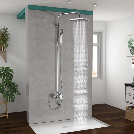 Exposed Shower System Polish Chrome 3 Functions Bathroom Shower Faucet Set 8 Inch Square Rainfall Shower Head Wall Mount Exposed Shower Faucet Set 8 Rain Exposed Pipe Shower