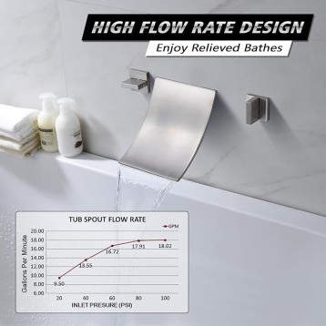 Wall Mount Waterfall Tub Faucet 3 Hole Brushed Nickel Bathtub Faucet, Extra High Flow Rate