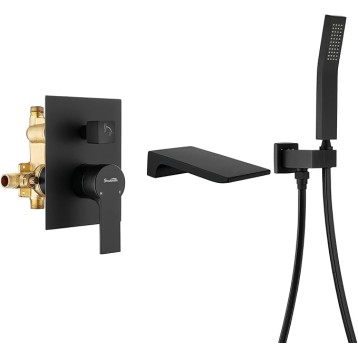 Waterfall Wall Mounted Bathtub Faucet with Hand Shower, Bathroom Single Handle Tub Faucet Modern Brass Tub Shower Faucet Set(Including Rough-In Valve Body and Trim), Matte Black, L901-7