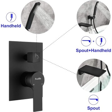 Waterfall Wall Mounted Bathtub Faucet with Hand Shower, Bathroom Single Handle Tub Faucet Modern Brass Tub Shower Faucet Set(Including Rough-In Valve Body and Trim), Matte Black, L901-7