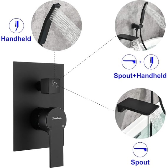 Waterfall Wall Mounted Bathtub Faucet with Hand Shower, Bathroom Single Handle Tub Faucet Modern Brass Tub Shower Faucet Set(Including Rough-In Valve Body and Trim), Matte Black, L901-7
