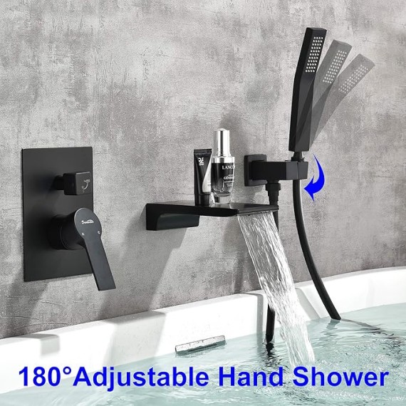 Waterfall Wall Mounted Bathtub Faucet with Hand Shower, Bathroom Single Handle Tub Faucet Modern Brass Tub Shower Faucet Set(Including Rough-In Valve Body and Trim), Matte Black, L901-7