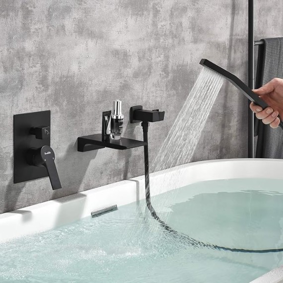 Waterfall Wall Mounted Bathtub Faucet with Hand Shower, Bathroom Single Handle Tub Faucet Modern Brass Tub Shower Faucet Set(Including Rough-In Valve Body and Trim), Matte Black, L901-7