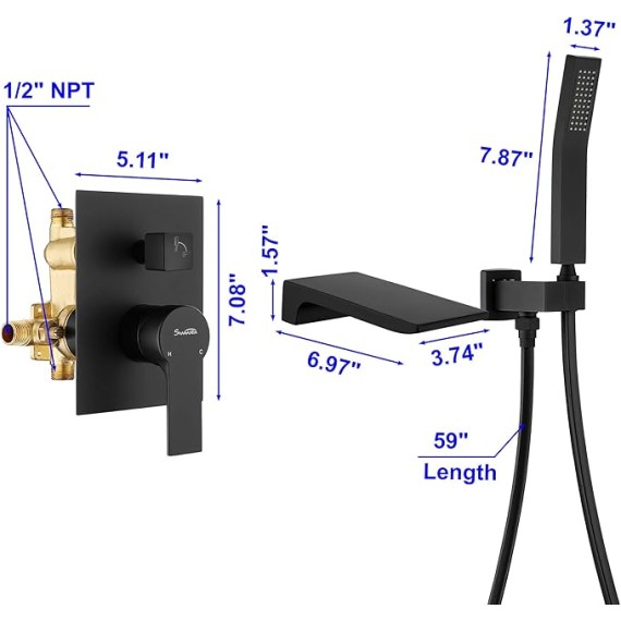 Waterfall Wall Mounted Bathtub Faucet with Hand Shower, Bathroom Single Handle Tub Faucet Modern Brass Tub Shower Faucet Set(Including Rough-In Valve Body and Trim), Matte Black, L901-7