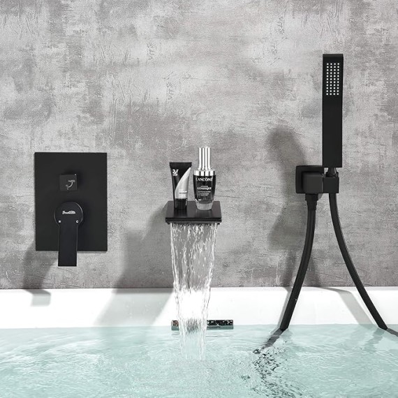 Waterfall Wall Mounted Bathtub Faucet with Hand Shower, Bathroom Single Handle Tub Faucet Modern Brass Tub Shower Faucet Set(Including Rough-In Valve Body and Trim), Matte Black, L901-7