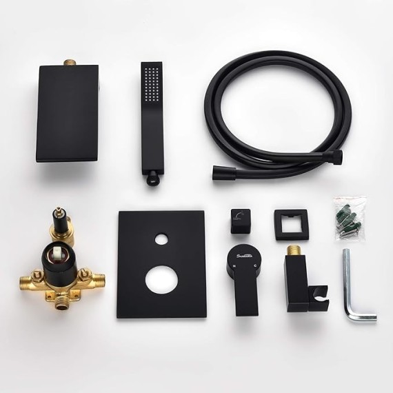 Waterfall Wall Mounted Bathtub Faucet with Hand Shower, Bathroom Single Handle Tub Faucet Modern Brass Tub Shower Faucet Set(Including Rough-In Valve Body and Trim), Matte Black, L901-7