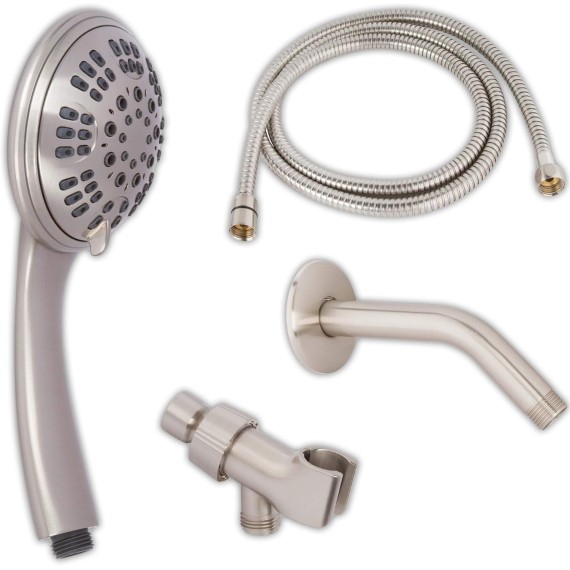 6 Function Handheld Shower Kit + Arm - Adjustable High Pressure Removable Hand Held Showerhead With Mount And Stainless Steel Hose + 6 Inch Shower Arm And Flange, 2.5 GPM - Brushed Nickel