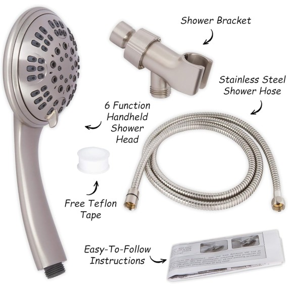 6 Function Handheld Shower Kit + Arm - Adjustable High Pressure Removable Hand Held Showerhead With Mount And Stainless Steel Hose + 6 Inch Shower Arm And Flange, 2.5 GPM - Brushed Nickel