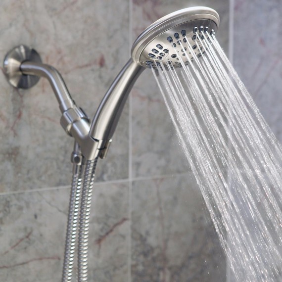 6 Function Handheld Shower Kit + Arm - Adjustable High Pressure Removable Hand Held Showerhead With Mount And Stainless Steel Hose + 6 Inch Shower Arm And Flange, 2.5 GPM - Brushed Nickel