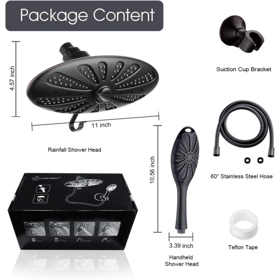 Shower Heads Combo with Rain Fixed Shower Head and Handheld Shower Head, Suction Showerhead Holder, 60 Inch Hose, 2 Spray Settings, Oil-Rubbed Bronze