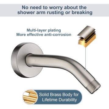 6 Inch Brass Shower Arm with Flange Shower Pipe Arm for Wall Mount Fixed and Handheld Shower Head, Brushed Nickel