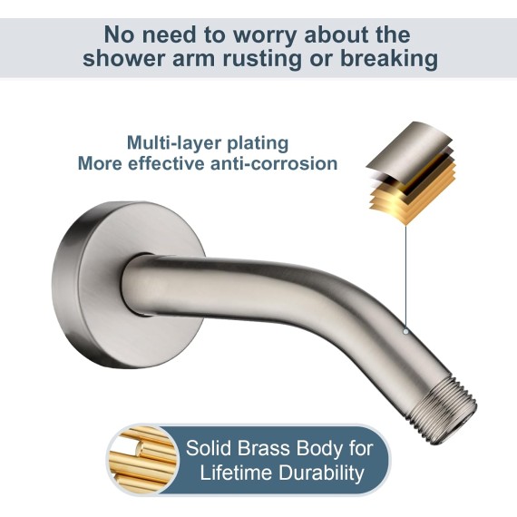 6 Inch Brass Shower Arm with Flange Shower Pipe Arm for Wall Mount Fixed and Handheld Shower Head, Brushed Nickel