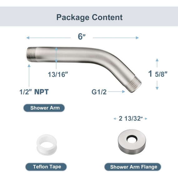 6 Inch Brass Shower Arm with Flange Shower Pipe Arm for Wall Mount Fixed and Handheld Shower Head, Brushed Nickel