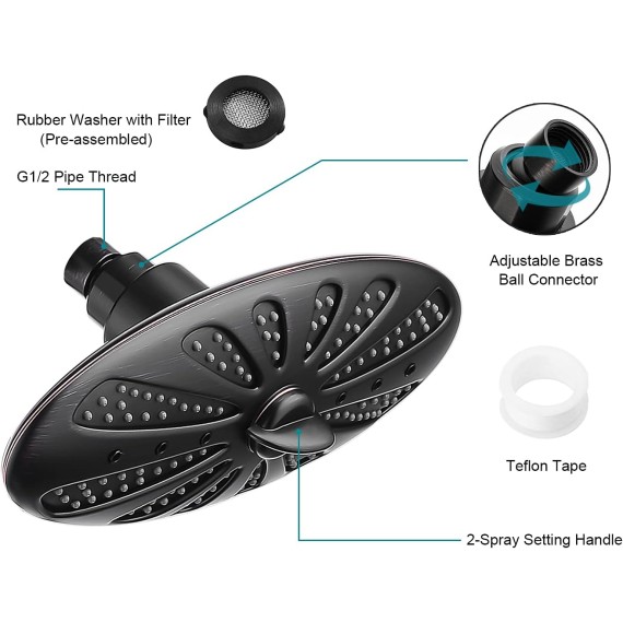11 Inch Rain Shower Head High Pressure Rainfall Showerhead for Bathroom, Adjustable Brass Swivel Ball Joint, 2 Spray Settings, Easy Tool Free Installation, Oil-Rubbed Bronze