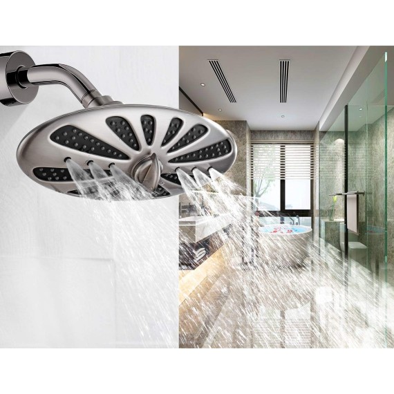 Rain Shower Head for Bathroom High Pressure Rainfall Showerhead with Adjustable Brass Swivel Ball Joint, 2 Spray Settings, Easy Tool Free Installation, Brushed Nickel