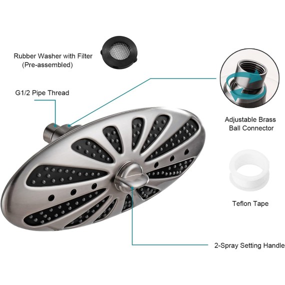Rain Shower Head for Bathroom High Pressure Rainfall Showerhead with Adjustable Brass Swivel Ball Joint, 2 Spray Settings, Easy Tool Free Installation, Brushed Nickel