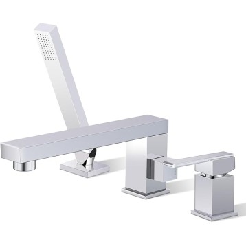 Modern Roman Tub Faucet with 360° Rotated Spout, Deck Mount Bathtub Faucet with Hand Shower, Widespread 3 Holes Bath Tub Filler Faucet Rough In Valve Included (Chrome-Square Long Spout)