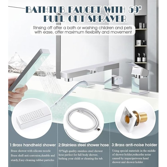 Modern Roman Tub Faucet with 360° Rotated Spout, Deck Mount Bathtub Faucet with Hand Shower, Widespread 3 Holes Bath Tub Filler Faucet Rough In Valve Included (Chrome-Square Long Spout)