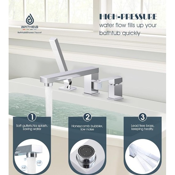 Modern Roman Tub Faucet with 360° Rotated Spout, Deck Mount Bathtub Faucet with Hand Shower, Widespread 3 Holes Bath Tub Filler Faucet Rough In Valve Included (Chrome-Square Long Spout)