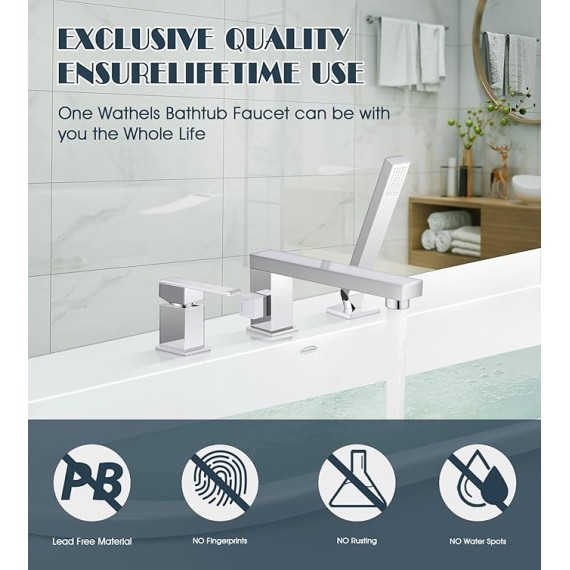 Modern Roman Tub Faucet with 360° Rotated Spout, Deck Mount Bathtub Faucet with Hand Shower, Widespread 3 Holes Bath Tub Filler Faucet Rough In Valve Included (Chrome-Square Long Spout)