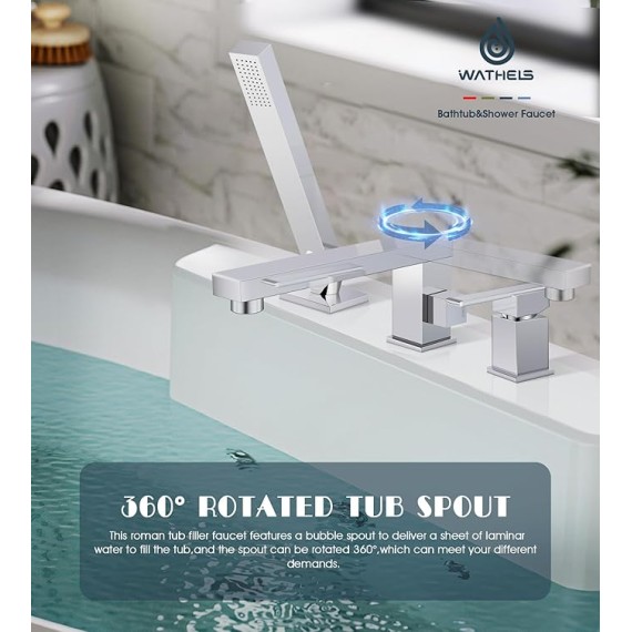 Modern Roman Tub Faucet with 360° Rotated Spout, Deck Mount Bathtub Faucet with Hand Shower, Widespread 3 Holes Bath Tub Filler Faucet Rough In Valve Included (Chrome-Square Long Spout)