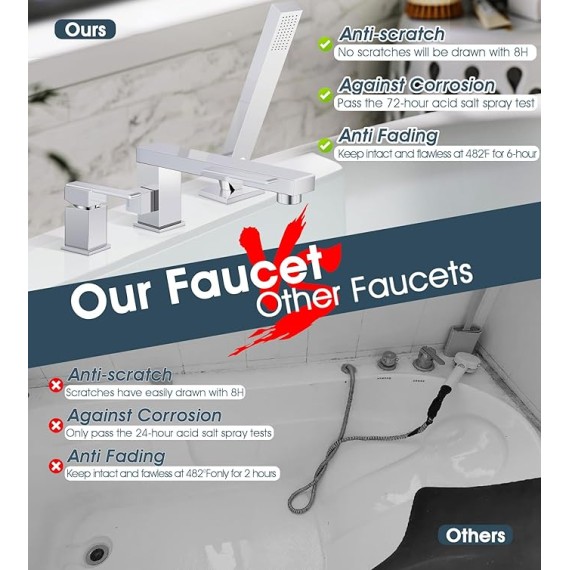 Modern Roman Tub Faucet with 360° Rotated Spout, Deck Mount Bathtub Faucet with Hand Shower, Widespread 3 Holes Bath Tub Filler Faucet Rough In Valve Included (Chrome-Square Long Spout)