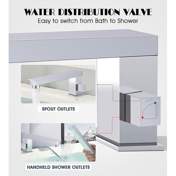 Modern Roman Tub Faucet with 360° Rotated Spout, Deck Mount Bathtub Faucet with Hand Shower, Widespread 3 Holes Bath Tub Filler Faucet Rough In Valve Included (Chrome-Square Long Spout)