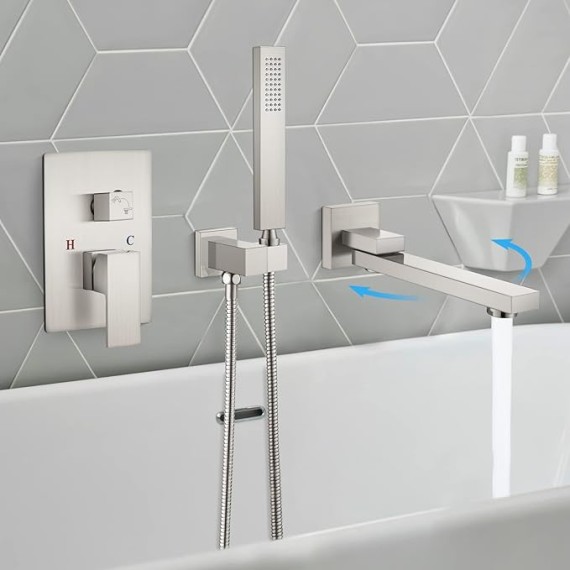 Wall Mounted Bathtub Faucet with Hand Held Sprayer,Tub Shower Faucet Set,Single Handle Bathroom Shower System Mixer for Tub,Rough-In Valve Included Swivel Tub Spout Brushed Nickel