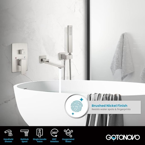 Wall Mounted Bathtub Faucet with Hand Held Sprayer,Tub Shower Faucet Set,Single Handle Bathroom Shower System Mixer for Tub,Rough-In Valve Included Swivel Tub Spout Brushed Nickel