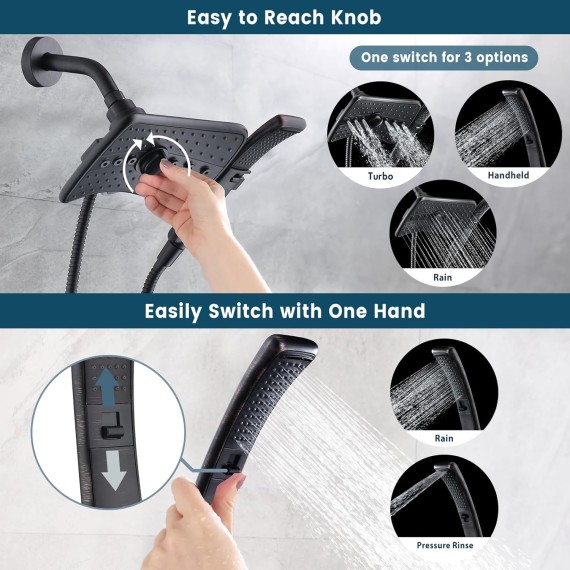 Four Spray Settings Shower Head Set Oil Rubbed Bronze and Black Finishing with 60" Long Stainless Steel Shower Hose