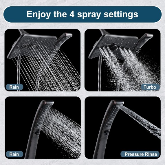 Four Spray Settings Shower Head Set Oil Rubbed Bronze and Black Finishing with 60" Long Stainless Steel Shower Hose
