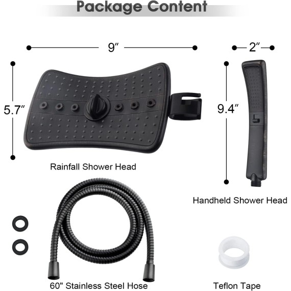 Four Spray Settings Shower Head Set Oil Rubbed Bronze and Black Finishing with 60" Long Stainless Steel Shower Hose