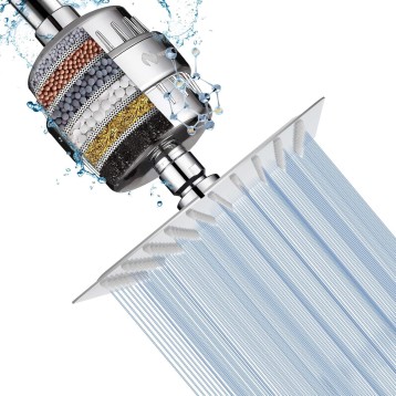 Square Shower Head and 15 Stage Shower Filter Combo, High Pressure Filtered Showerhead for Hard Water, Improves the Condition of Your Skin, Hair - 1 Replace Filter Cartridge (Chrome Finish)