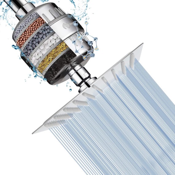 Square Shower Head and 15 Stage Shower Filter Combo, High Pressure Filtered Showerhead for Hard Water, Improves the Condition of Your Skin, Hair - 1 Replace Filter Cartridge (Chrome Finish)