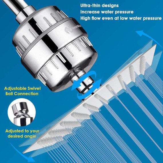 Square Shower Head and 15 Stage Shower Filter Combo, High Pressure Filtered Showerhead for Hard Water, Improves the Condition of Your Skin, Hair - 1 Replace Filter Cartridge (Chrome Finish)