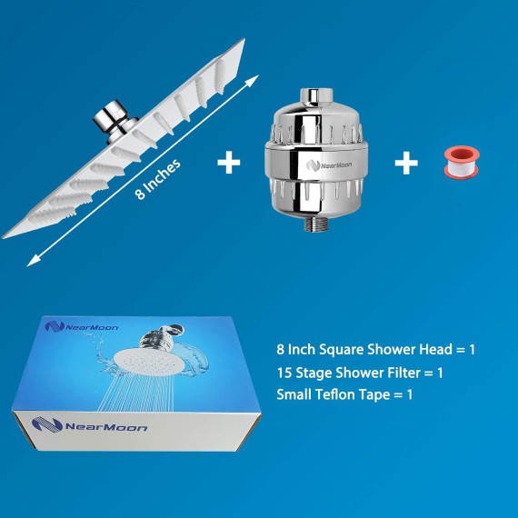 Square Shower Head and 15 Stage Shower Filter Combo, High Pressure Filtered Showerhead for Hard Water, Improves the Condition of Your Skin, Hair - 1 Replace Filter Cartridge (Chrome Finish)
