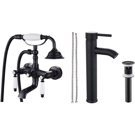 Wall mount Bathtub Faucet With Ceramic Handheld Shower Sprayer Matching with Matte Black Bathroom Bowl Vessl Sink Faucet Stainless Steel Tall Bathroom Faucet