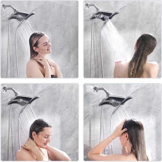 Dual Shower Head Combo, Handheld Showerhead Rainfall Shower Head Set with Black Face, 60 Inch Long Stainless Steel Shower Hose, Chrome