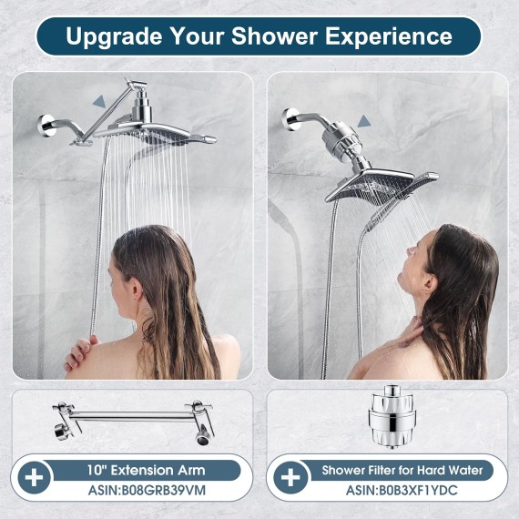 Dual Shower Head Combo, Handheld Showerhead Rainfall Shower Head Set with Black Face, 60 Inch Long Stainless Steel Shower Hose, Chrome