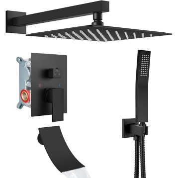 Matte Black Tub Shower Faucet Set 3 Function Shower System with Tub Spout with Waterfall Tub Spout 10 Inch Wall Mount Rainfall Showerhead Handheld Combo Set Rough-in Valve Included