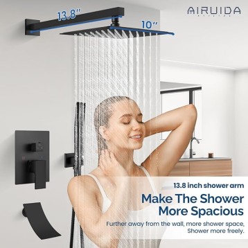 Matte Black Tub Shower Faucet Set 3 Function Shower System with Tub Spout with Waterfall Tub Spout 10 Inch Wall Mount Rainfall Showerhead Handheld Combo Set Rough-in Valve Included